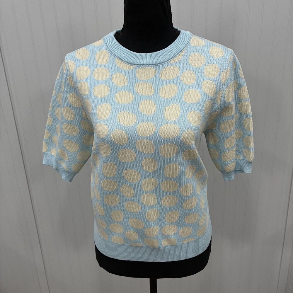 Compania Fantastica Women's Large Blue & Yellow Polka Dot Short Sleeve Sweater